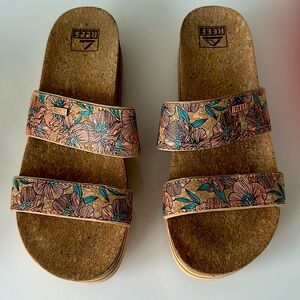 Reef Platform Slide Sandals in limited edition coral and turquoise pattern.